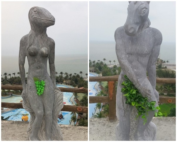 Bị phản đối, tượng 12 con giáp tháo bikini che chắn bằng lá cây - 5 Trước khi chờ ý kiến chỉ đạo của các cơ quan chức năng, các bức tượng được che chắn các bộ phận nhạy cảm bằng cây, lá nhựa