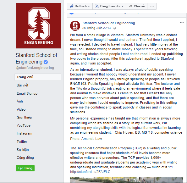 Fanpage ĐH Stanford chia sẻ câu chuyện vượt qua nỗi sợ đám đông của nữ sinh Việt - 1 Fanpage ĐH Stanford chia sẻ câu chuyện vượt qua nỗi sợ đám đông của nữ sinh Việt - 1