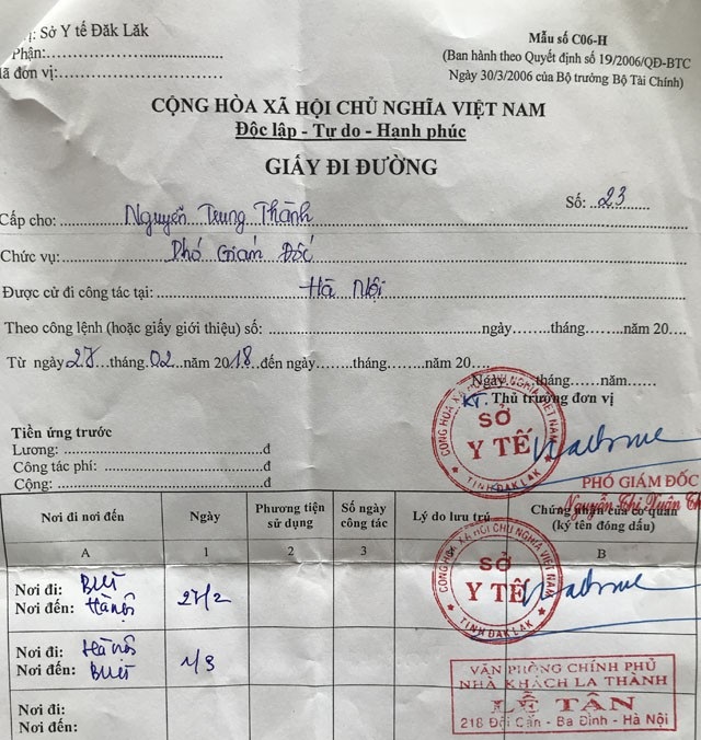 Khởi tố 6 đối tượng đánh bạc tại nhà Phó Giám đốc Sở Y tế - 1 Giấy công tác vào ngày 27/2 của ông Thành (Sở Y tế cung cấp)