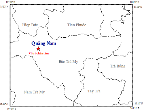 Động đất 3,4 độ richter ở khu vực Sông Tranh 2 - 1 Tâm chấn của trận động đất sáng ngày 7/3