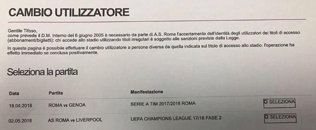 Đoạn email được CLB AS Roma gửi tới CĐV trước thềm lễ bốc thăm vòng bán kết Champions League