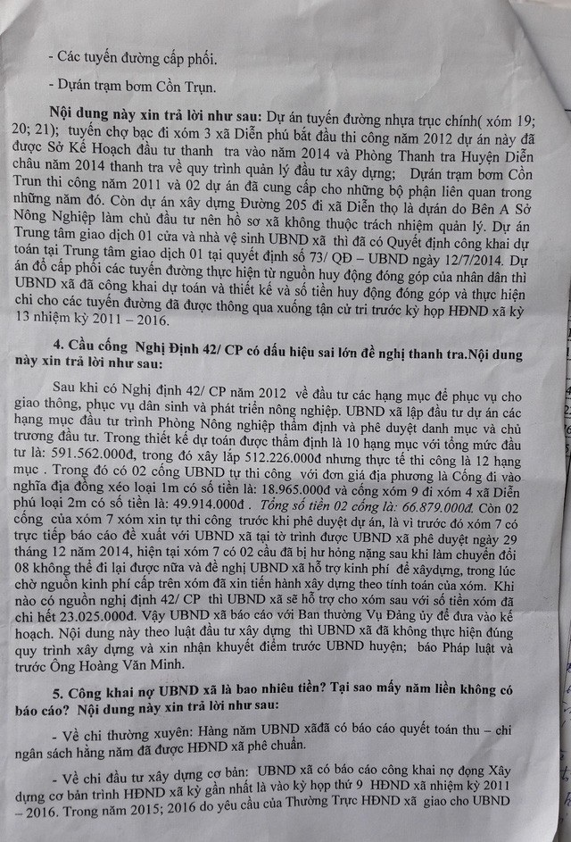 Vụ dân “tố” xã thiếu minh bạch trong thu chi tài chính: Ban thường vụ Đảng ủy xã có dấu hiệu vi phạm? - 5 Một nội dung liên quan đến xây dựng cầu cống theo Nghị định 42/CP, thì UBND xã Diễn Phú đã thừa nhận có sai sót và xin nhận khuyết điểm trước UBND huyện.