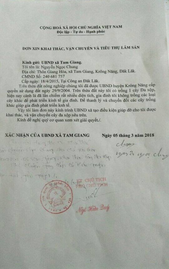 Truy được nguồn gốc một cây “quái thú” - 2 Đơn xin khai thác, vận chuyển gốc cây đa sộp kích thước khủng của một dân trên địa bàn tỉnh Đắk Lắk
