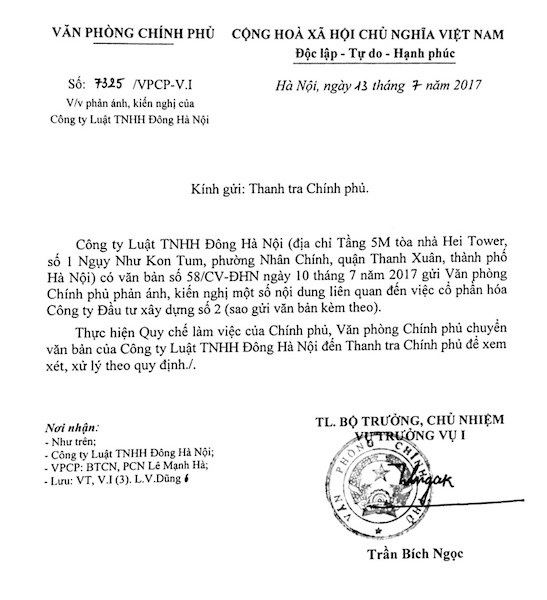 Vụ cổ phần hóa HACINCO: “Mòn mỏi” chờ hồi đáp từ Thanh tra Chính phủ? - 2
Ngày 13/7/2017, Văn phòng Chính phủ tiếp tục có văn bản số 7325/VPCP-V.I gửi Thanh tra Chính phủ.