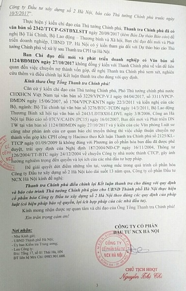 Vụ cổ phần hóa HACINCO: “Mòn mỏi” chờ hồi đáp từ Thanh tra Chính phủ? - 7
Công văn kiến nghị nhiều nội dung trong vụ cổ phần hóa Công ty Hacinco được Công ty cổ phần NCX Hà Nội gửi Tổng Thanh tra Chính phủ Lê Minh Khái.