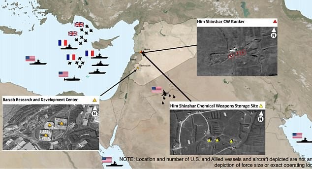 Syria chỉ bắn 2 tên lửa đáp trả cuộc không kích của Mỹ và đồng minh? - 2
Mỹ, Anh, Pháp giương Đông, kích Tây khi không kích Syria sáng 14/4. (Ảnh: Dailymail)