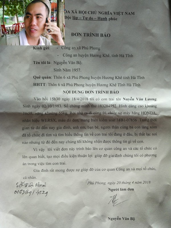 Đơn trình báo của gia đình ông Bô gửi Công an huyện Hương Khê về việc con trai mất tích một cách bí ẩn.