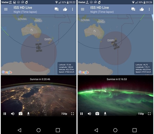 Khoảnh khắc khi ISS bay qua các thành phố vào ban đêm (trái) và khi bay qua vùng cực với hiện tượng cực quang