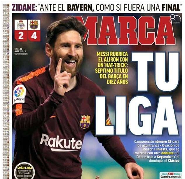 Báo giới Tây Ban Nha ca ngợi chức vô địch phi thường của Barcelona - 1
Tờ Marca (Madrid) thán phục phong độ xuất sắc của Messi