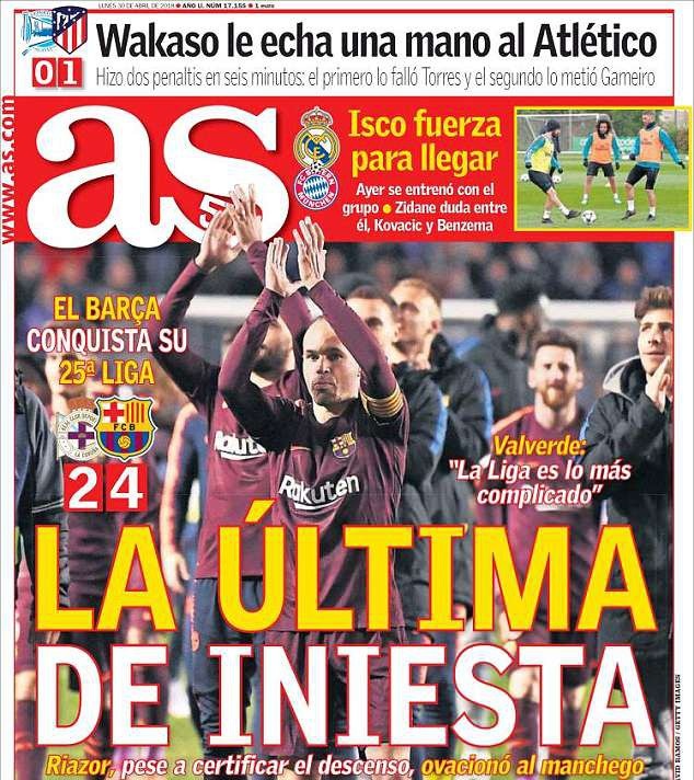 Báo giới Tây Ban Nha ca ngợi chức vô địch phi thường của Barcelona - 3
Tờ AS tiếc nuối khi Iniesta không còn chơi bóng tại La Liga