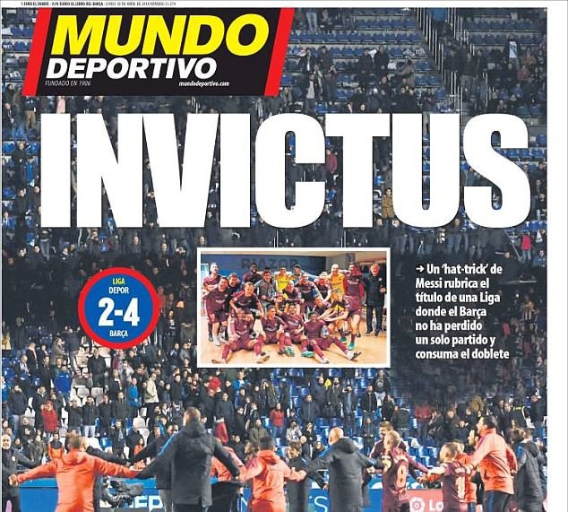 Báo giới Tây Ban Nha ca ngợi chức vô địch phi thường của Barcelona - 2
Tờ Mundo Deportivo ấn tượng với chiến tích bất bại của Barcelona
