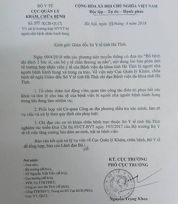 Vụ nhân viên bệnh viện bị đánh bất tỉnh: Kẻ hành hung khai gì? - 4 Công văn chỉ đạo của Cục Quản lý Khám, chữa bệnh.