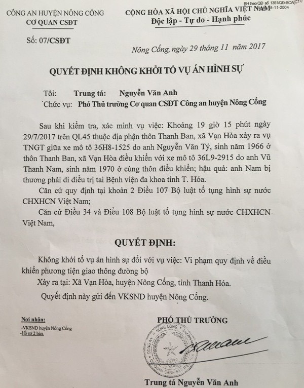 Mất 68% sức khỏe do tai nạn giao thông, nạn nhân đề nghị khởi tố vụ án! - 3 Quyết định không khởi tố vụ án hình sự của Cơ quan Cảnh sát điều tra, Công an huyện Nông Cống