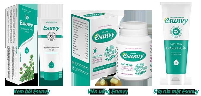 Hỏi đáp chuyên gia về cách trị mụn trứng cá tuổi trưởng thành - 5 Bộ sản phẩm ngừa mụn Esunvy gồm viên uống, sữa rửa mặt và kem bôi kết hợp ngăn ngừa và giảm mụn toàn diện cả bên trong lẫn bên ngoài với thành phần từ thảo dược thiên nhiên, an toàn cho da giúp bạn yên tâm sử dụng khỏi lo mụn tự tin tỏa sáng.