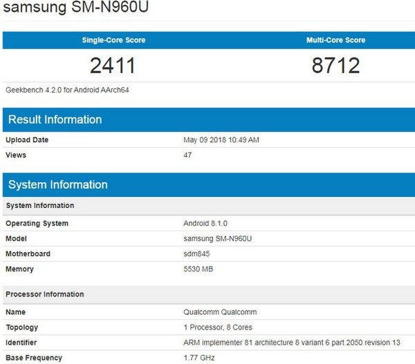 Lộ thiết kế và cấu hình "khủng" của Galaxy Note 9 - 2 Thông tin cấu hình của Galaxy Note 9 bị rò rỉ trên ứng dụng Geekbench