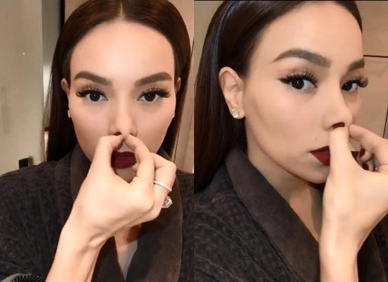 Muôn trò “tinh quái” của Hà Hồ, Thu Minh và loạt mỹ nhân chứng minh... không nâng mũi - 2 Tuy nhiên, đáp trả lại những tin đồn này, Hồ Ngọc Hà nhiều lần phủ nhận. Mới đây trong một clip, Hồ Ngọc Hà đã thoải mái kéo mũi, khẳng định chuyện mình không làm mũi. Trong clip, cô khoe gương mặt tự trang điểm và cho rằng, mình già đi vài tuổi vì khả năng trang điểm của mình chưa tới.
