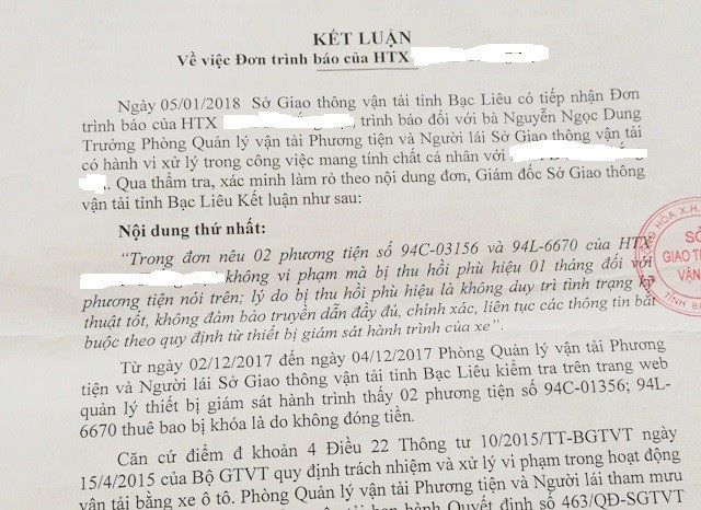 Giám đốc Sở GTVT tỉnh Bạc Liêu có kết luận bà Nguyễn Ngọc Dung còn thiếu sót khi xử lý công việc.