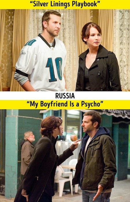Khi tựa phim bom tấn cũng phải lựa “nhập gia tuỳ tục” - 1 “Silver linings playbook” vốn là tựa phim rất ý nghĩa mà đạo diễn David O. Russell lựa chọn cho “đứa con tinh thần” của mình, mang hàm ý kể về hành trình tìm lại tình yêu của hai tâm hồn rạn vỡ, tuy nhiên, khi đến với nước Nga, bộ phim lại được đổi tên thành “My boyfriend is a psycho” (bạn trai tôi là kẻ tâm thần), trực tiếp hé lộ tình tiết trong phim