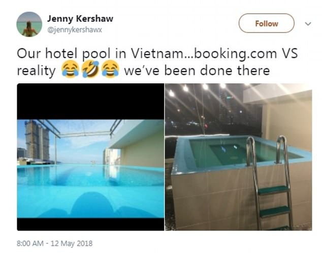 Khách Tây “té ngửa” khi đặt khách sạn ở Việt Nam qua mạng - 1 Hình ảnh quảng cáo và thực tế ngoài đời tại một bể bơi trong khách sạn ở Việt Nam do vị khách người Anh chia sẻ