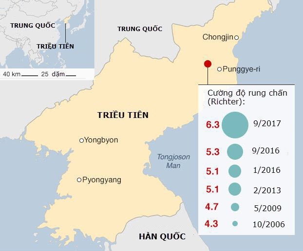 "Giải mã" ý định thực sự của Triều Tiên khi đóng cửa khu thử hạt nhân - 2 Đồ họa các vụ thử hạt nhân của Triều Tiên từ năm 2006 đến nay. (Khu thử hạt nhân Punggye-ri ở vị trí chấm đỏ) (Đồ họa: BBC)