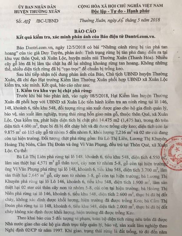 Những cánh rừng bị tàn phá: Yêu cầu kiểm điểm hàng loạt cán bộ - 2 Công văn trả lời của huyện Thường Xuân gửi báo điện tử Dân trí