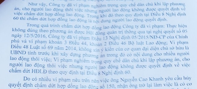 Văn bản của Viện KSND tỉnh Cà Mau xác định Công ty Cấp nước Cà Mau đã có nhiều vi phạm khi cho công nhân thôi việc.