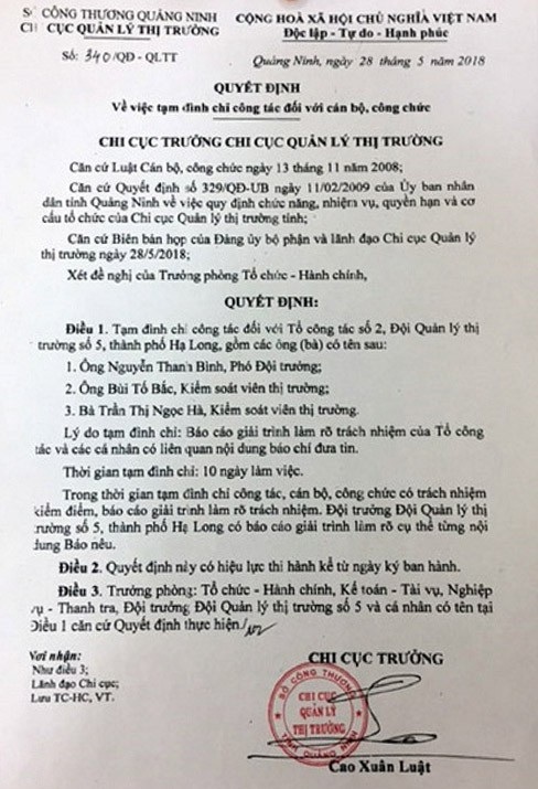 Tạm đình chỉ công tác 3 cán bộ QLTT dùng xe đeo logo báo chí chặn kiểm tra xe chở gas - 2 Quyết định tạm đình chỉ công tác 3 cán bộ QLTT