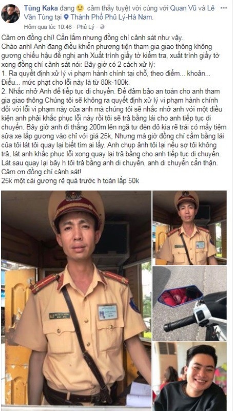 Cộng đồng mạng thích thú với cách xử lý lỗi không gương chiếu hậu của CSGT - 1
Đoạn chia sẻ của tài khoản Facebook Tùng Ka Ka về việc xử phạt của lực lượng CSGT thành phố Phủ Lý khiến cộng đồng mạng bàn tán sôi nổi (ảnh chụp màn hình)