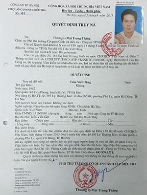Quyết định truy nã Trần Viết Hùng.