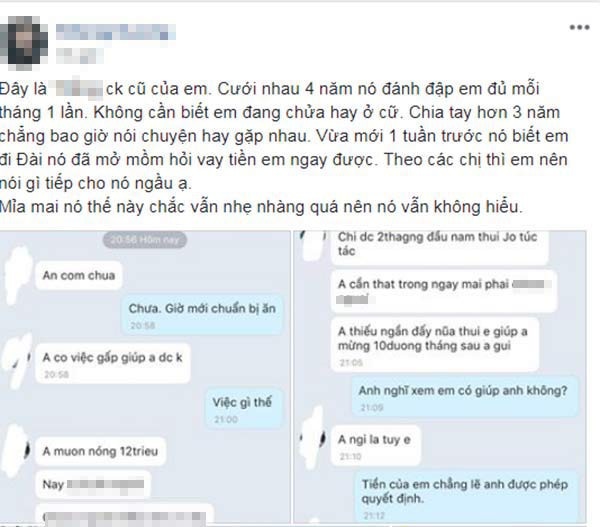 Chồng cũ đánh đập vợ bất kể mang thai hay ở cữ, ly dị 3 năm lúc thiếu tiền vẫn nhắn tin hỏi vay - 1 Chồng cũ mượn nóng 12 triệu - câu chuyện của chị K.D đã trở thành đề tài được bàn tán xôn xao. Ảnh chụp màn hình.