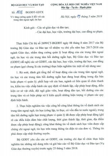 Bộ GD&ĐT yêu cầu rà soát các trung tâm ngoại ngữ - 1 Công văn của Bộ GD&ĐT