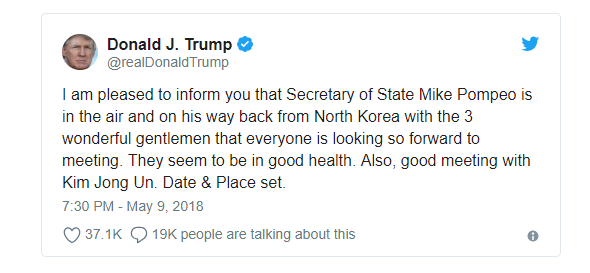 Triều Tiên thả 3 công dân Mỹ trước hội nghị thượng đỉnh - 2
Ông Trump thông báo Triều Tiên đã thả 3 công dân Mỹ. (Ảnh: Twitter)