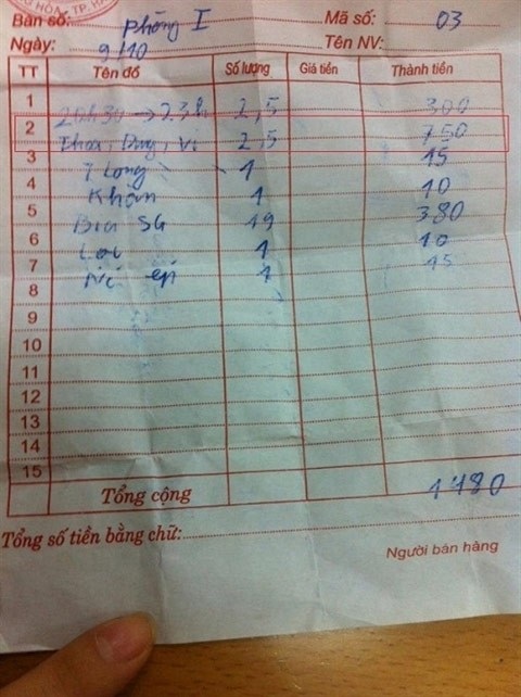 Vợ nào chẳng phát điên khi lục túi chồng, phát hiện hóa đơn “đào mi nhon” và phụ thu giặt đồ lót - 2 Hóa đơn có 3 món Thoa, Dung, Vi. Ảnh: Internet
