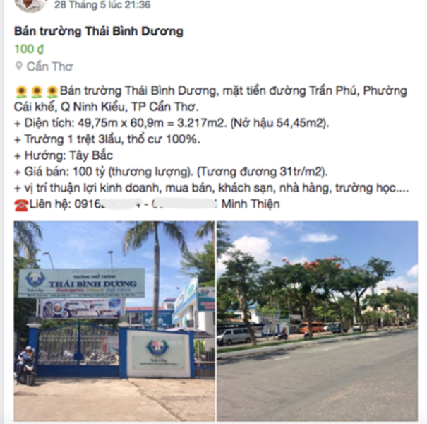 Cần Thơ: Trường đang hoạt động bỗng nhiên bị kẻ lạ rao bán 100 tỷ đồng - 1 Nội dung bị kẻ lạ rao bán trường trên mạng xã hội