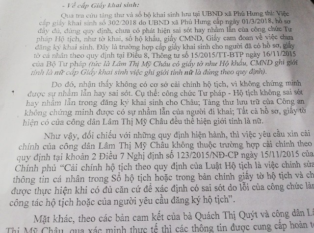 Người đàn ông 35 năm khốn khổ mang giới tính “nữ”: Xin được cải chính bất thành? - 1 Báo cáo của UBND huyện Cái Nước cho biết, trường hợp của công dân Lâm Thị Mỹ Châu không thuộc trường hợp cải chính theo quy định.