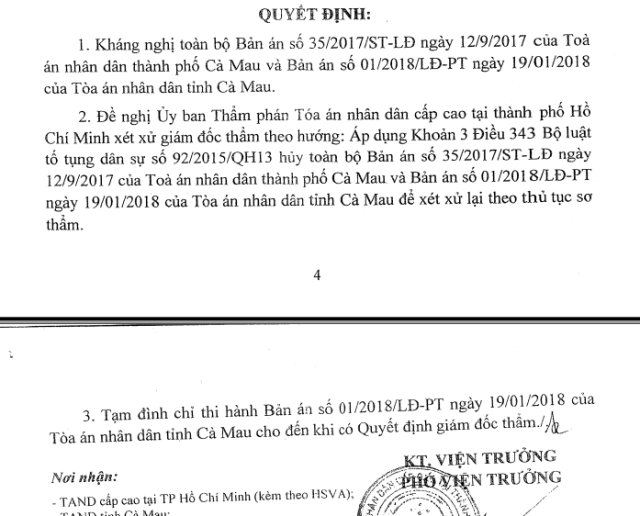 VKSND Cấp cao kháng nghị toàn bộ 2 bản án của 2 cấp tòa tỉnh Cà Mau! - 3 Viện KSND cấp cao tại TPHCM quyết định kháng nghị toàn bộ 2 bản án sơ thẩm và phúc thẩm Tranh chấp về việc đơn phương chấm dứt hợp đồng lao động giữa bà Lê Thị Thùy Linh và Phòng Kinh tế TP Cà Mau.