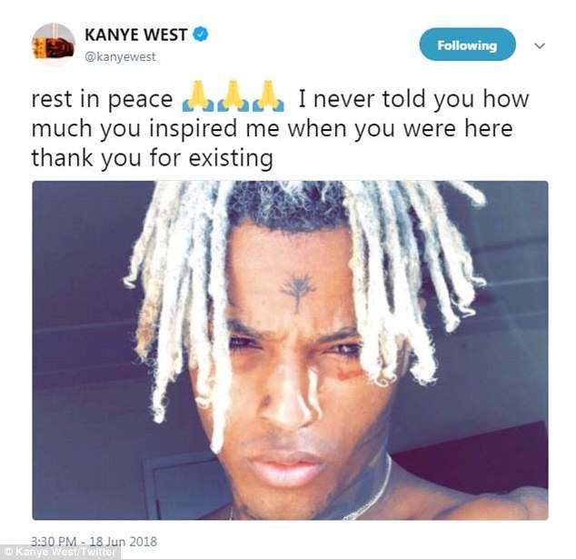 Rapper 20 tuổi bị bắn chết - 4
Rapper đình đám Kanye West sau đã chia sẻ trên trang cá nhân và mong XXXTentacion được yêu nghỉ. Em đã truyền cảm hứng cho anh, cảm ơn em.