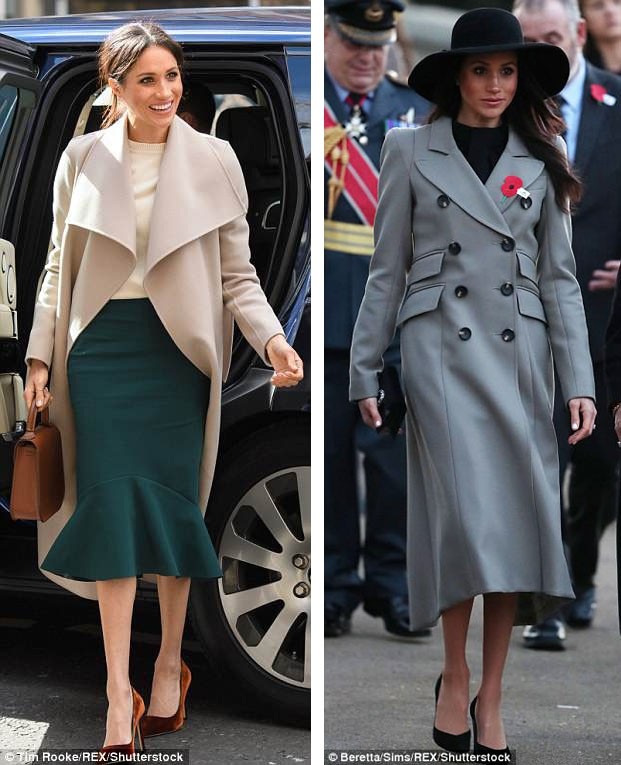 Ngày 23/3/2018 - Đến thăm Bắc Ireland: Diện cây đồ có giá 2.415 bảng (trái). Ngày 25/4/2018 - Dự sự kiện ở London: Xuất hiện với cây đồ có giá 1.906 bảng (phải).