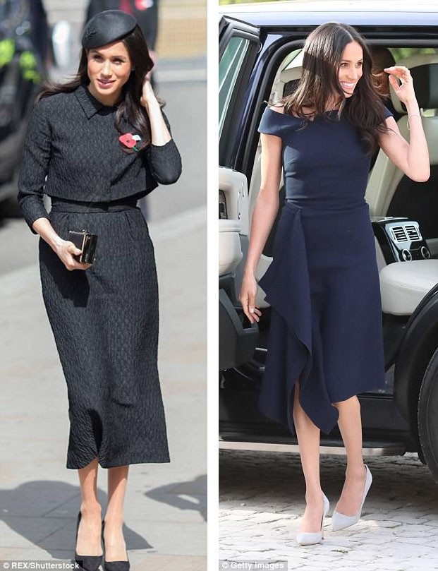 Ngày 25/4/2018 - Đến nhà thờ: Bộ trang phục có giá 3.271 bảng (trái). Ngày 18/5/2018 - Xuất hiện trước ngày diễn ra lễ cưới trong bộ đầm có giá 1.849 bảng (phải).