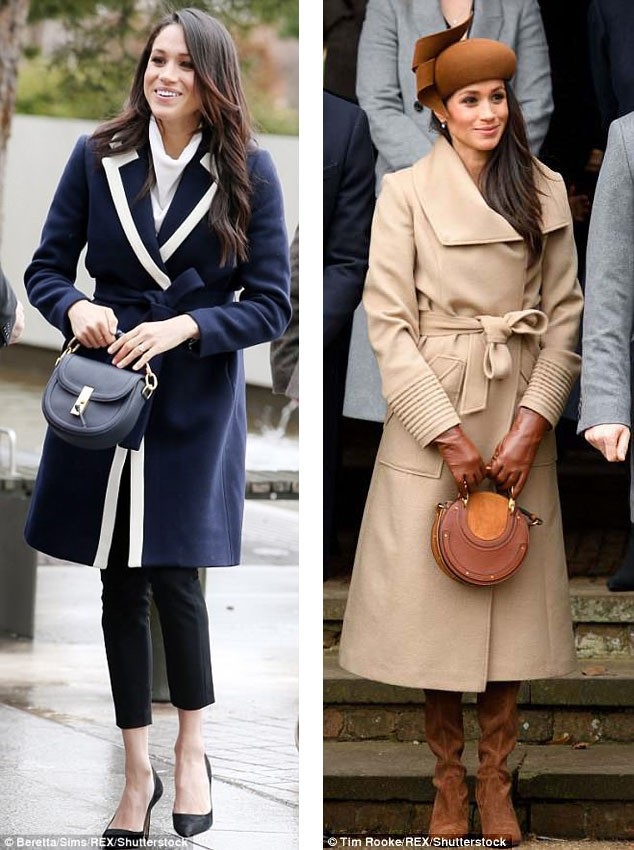 Ngày 8/3/2018 - Bước ra ngoài với bộ đồ có giá 3.587 bảng (trái). Ngày 25/12/2017 - Đi dự lễ nhà thờ: Diện cây đồ có giá 3.640 bảng (phải).