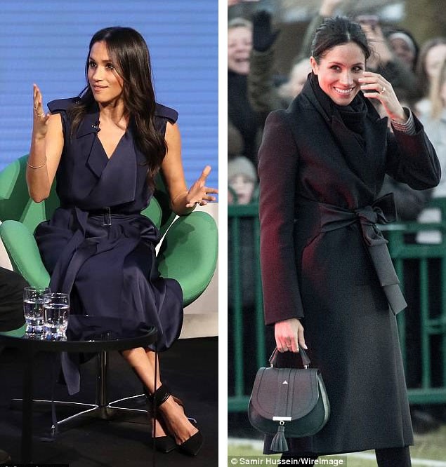 Ngày 28/2/2018 - Dự một diễn đàn đối thoại: Diện cây đồ có giá 1.985 bảng (trái). Ngày 18/1/2018 - Xuất hiện tại sự kiện với cây đồ giá 4.692 bảng (phải).