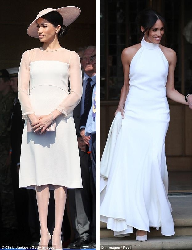 Ngày 22/5/2018 - Dự tiệc sinh nhật cha chồng: Trang phục trị giá 4.274 bảng (trái). Ngày 19/5/2018 - Đầm mặc trong tiệc cưới của chính mình: Trang phục trị giá 120.470 bảng (phải).