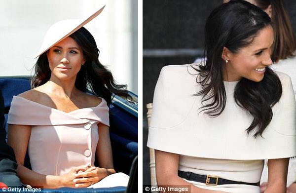 Ngày 9/6/2018 - Chứng kiến lễ diễu hành chào mừng sinh nhật Nữ hoàng Anh: Trang phục trị giá 6.870 bảng (trái). Ngày 14/6/2018 - Đồng hành cùng Nữ hoàng Anh (bà nội của chồng) đi dự sự kiện: Trang phục trị giá 13.782 bảng (phải).