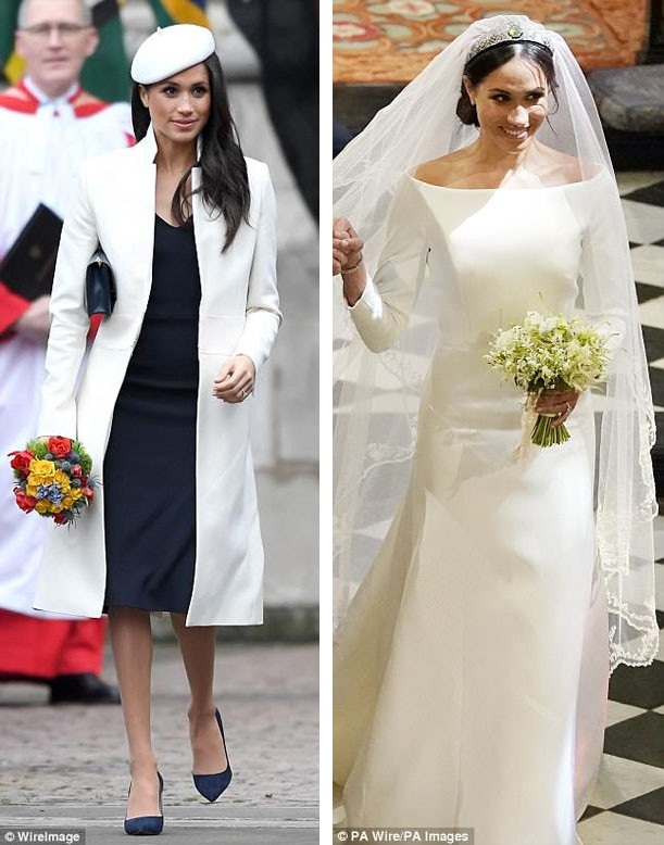 Ngày 12/3/2018 - Dự lễ tại nhà thờ: Trang phục trị giá 2.540 bảng (trái). Ngày 19/5/2018 - Lễ cưới chính thức diễn ra: Váy cưới trị giá 337.000 bảng (phải).