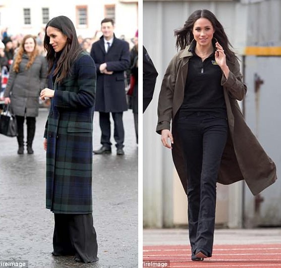 Ngày 13/2/2018 - Dự sự kiện ở Scotland: Trang phục trị giá 7.329 bảng (trái). Ngày 6/4/2018 - Dự sự kiện thể thao: Trang phục trị giá 2.072 bảng (phải).