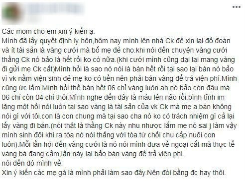 Ly hôn chồng tuyên bố không trợ cấp cho 2 con, hỏi đến của hồi môn mẹ chồng nói câu chết lặng - 1 Tâm sự cay đắng của người vợ sau ly hôn. Ảnh chụp màn hình
