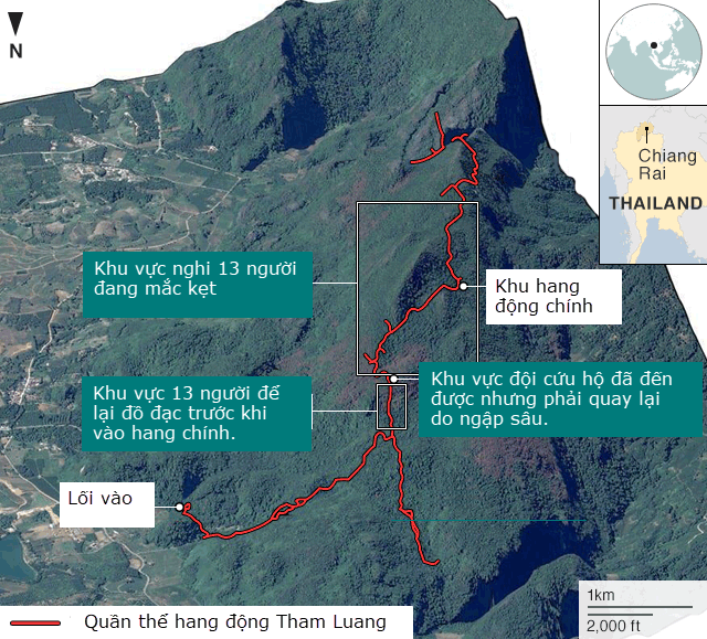 Mỹ, Anh hỗ trợ Thái Lan tìm đội bóng mắc kẹt trong hang - 1
Đồ họa mô tả vụ 13 người mắc kẹt trong hang ngập nước (Ảnh: BBC)