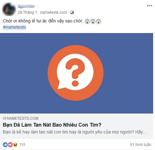 Ứng dụng nổi tiếng trên Facebook thu thập dữ liệu 120 triệu người dùng - 1 NameTests là ứng dụng trắc nghiệm rất được phổ biến trong người dùng Facebook toàn cầu và cả tại Việt Nam, yêu cầu người dùng phải đăng nhập vào tài khoản Facebook mới có thể sử dụng được