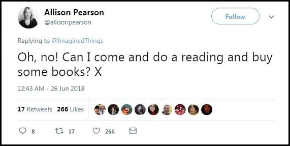 Nữ nhà văn Allison Pearson hứa sẽ mua sách và tổ chức giao lưu độc giả tại tiệm của Georgia.