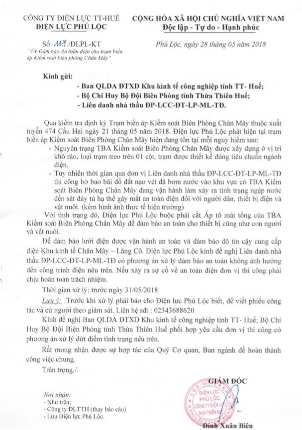 Chủ đầu tư dự án tập kết 1 triệu khối bùn nói “bùn biển không hôi” - 5 Văn bản ngành điện gửi Ban Quản lý Dự án đầu tư xây dựng Khu Kinh tế, công nghiệp tỉnh Thừa Thiên Huế ngày 28/5 nhưng sau 1 tuần ông Điểm vẫn chưa nhận được
